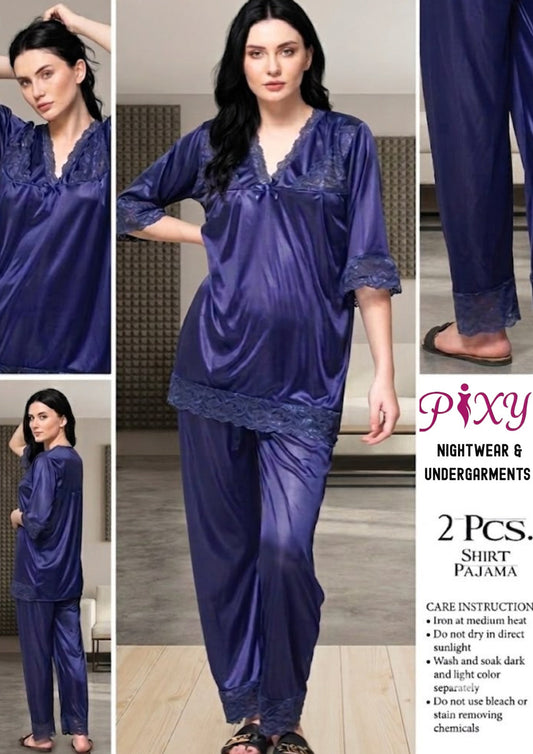 Women's 2-Piece Jersey Silk Nightwear Set - Lace Trim Shirt & Pajama Pixy Undergarments
