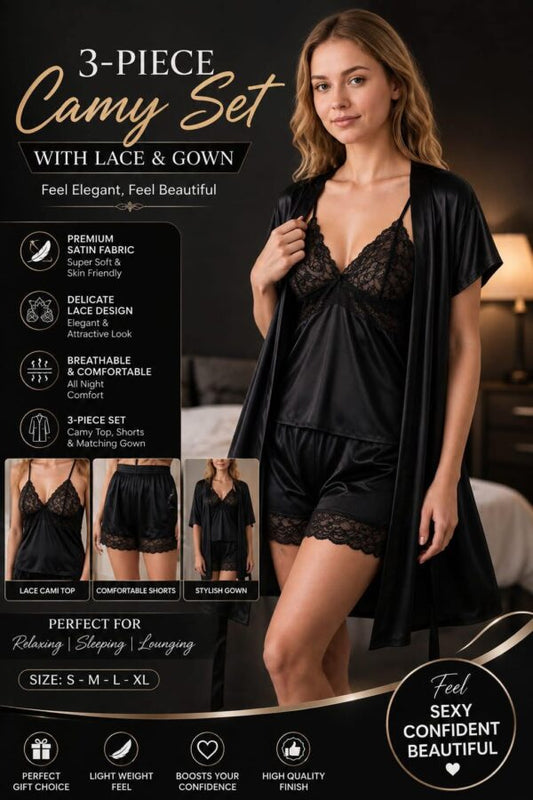 ✨ Premium 3 PCs Jersey Silk Nightwear Set ✨--My Store-Pixy