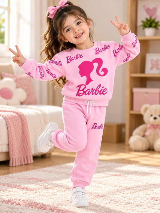 pink barbie design printed kids suit for winter