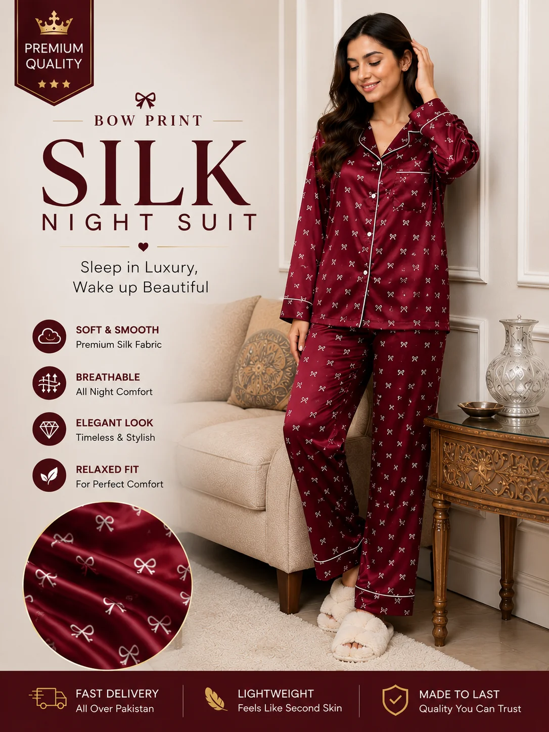Bow Printed Silk Suit in Premium Fabric for Girls & Woman--My Store-My Store