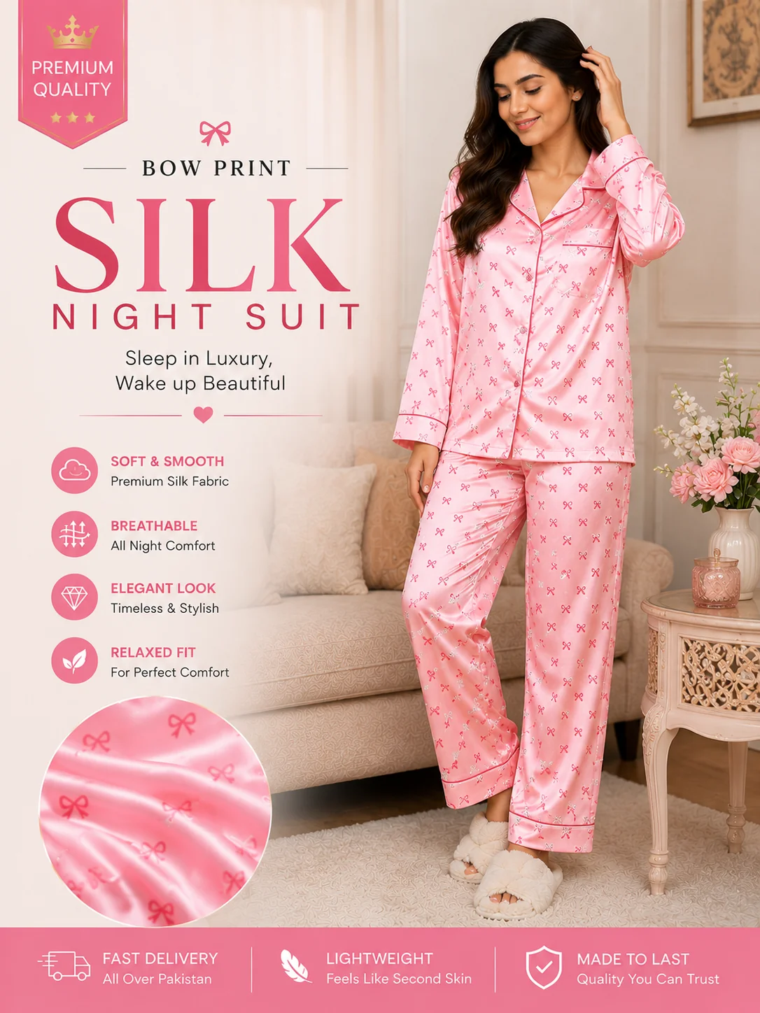 Bow Printed Silk Suit in Premium Fabric for Girls & Woman--My Store-My Store