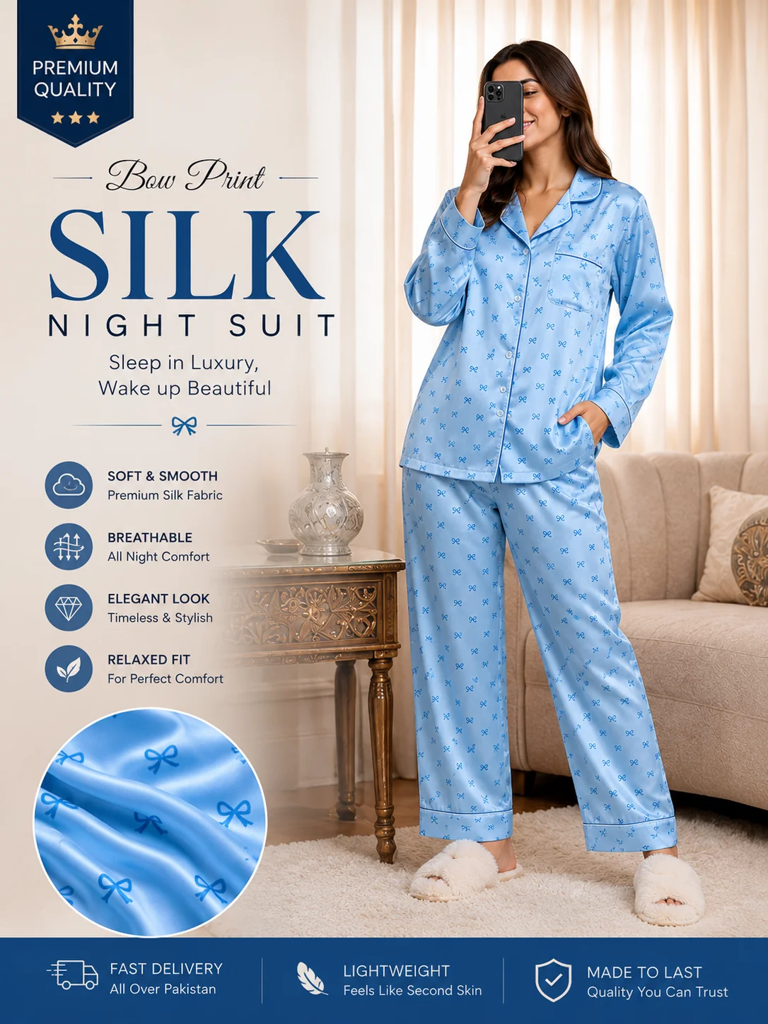 Bow Printed Silk Suit in Premium Fabric for Girls & Woman--My Store-My Store