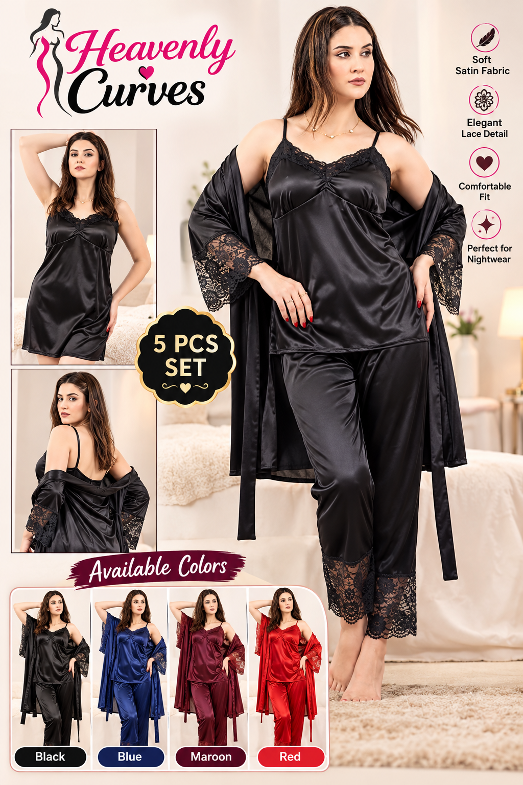 5 PCS Jersy Silk Night Dress for Girls ( Bridal Set )--My Store-My Store