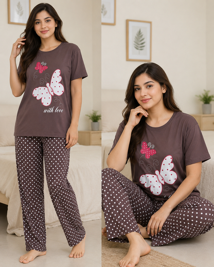 brown butterfly Print Women's Night Suit – Cotton Sleepwear Set MH FASHION