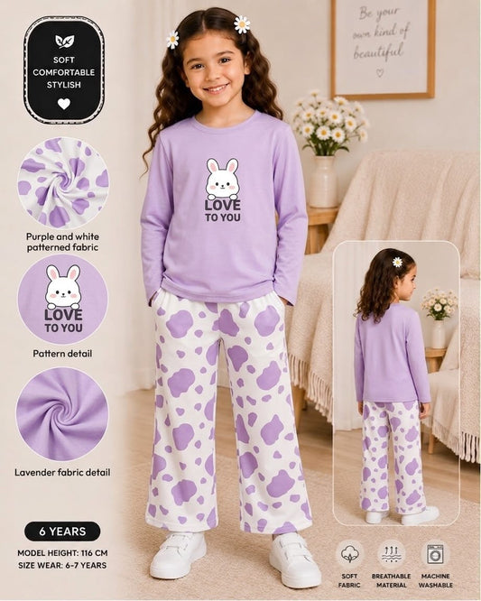 purple love printed kids night suits for girls