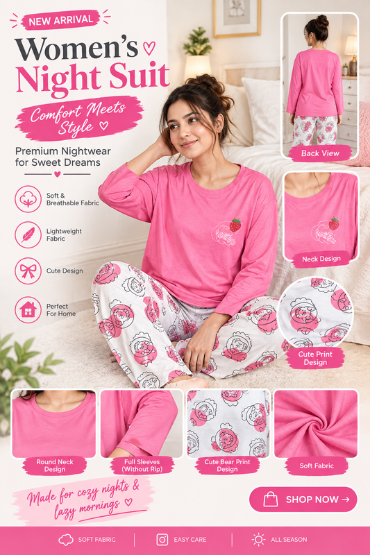 pink strawberry full sleeves Print Women's Night Suit – Cotton Sleepwear Set MH FASHION