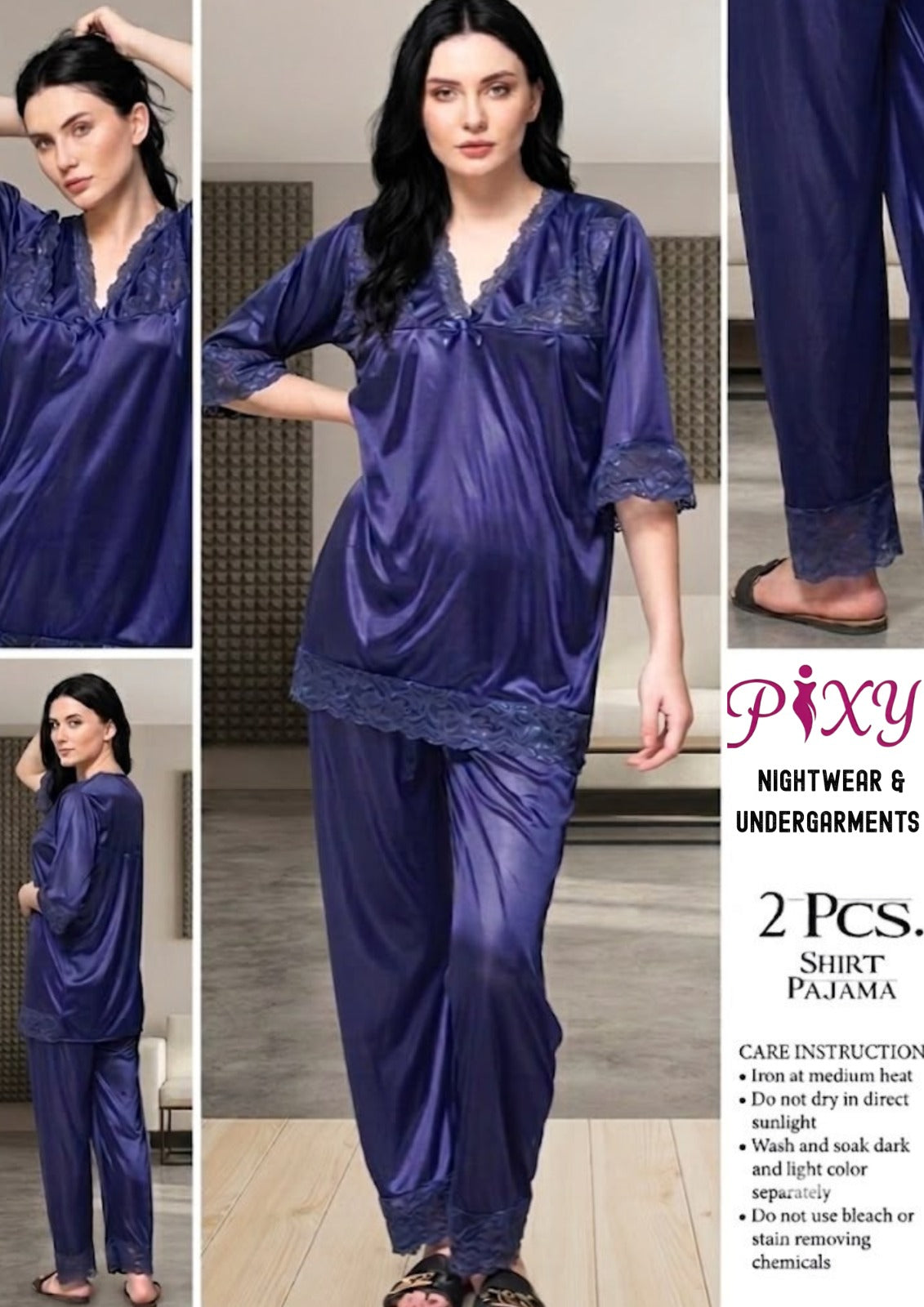 Women's 2-Piece Jersey Silk  Nightwear Set - Lace Trim Shirt & Pajama Pixy Undergarments