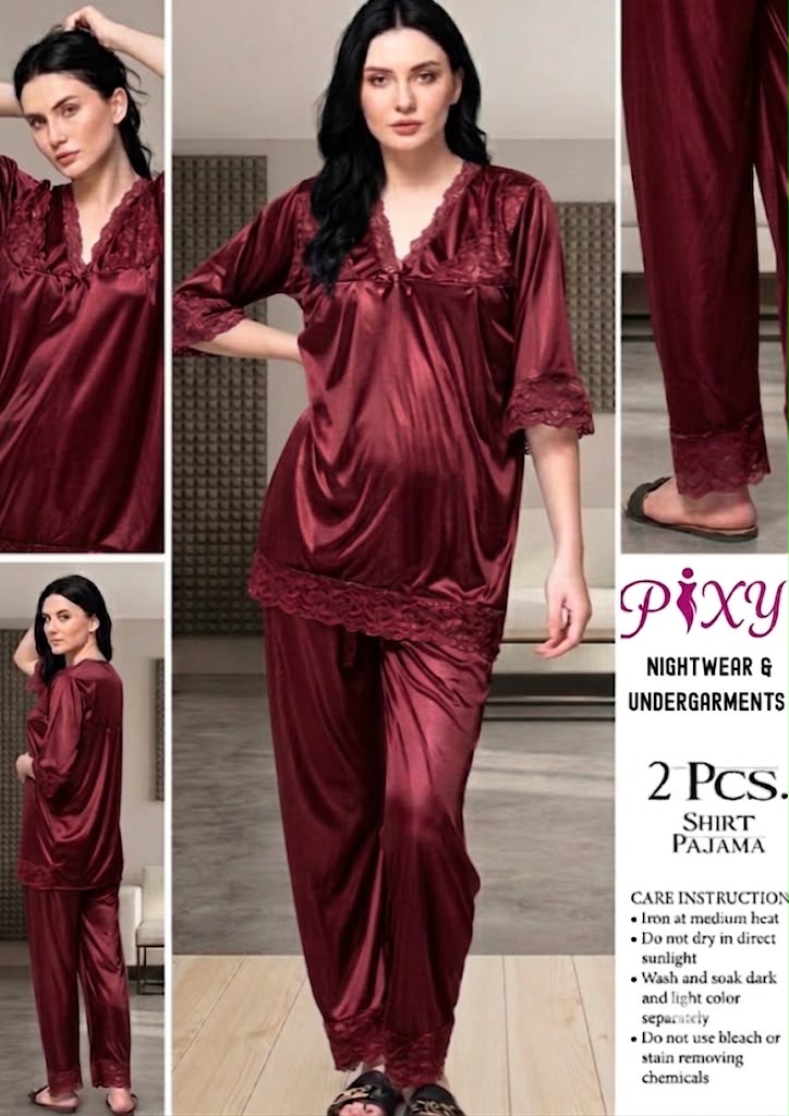 Women's 2-Piece Jersey Silk  Nightwear Set - Lace Trim Shirt & Pajama Pixy Undergarments