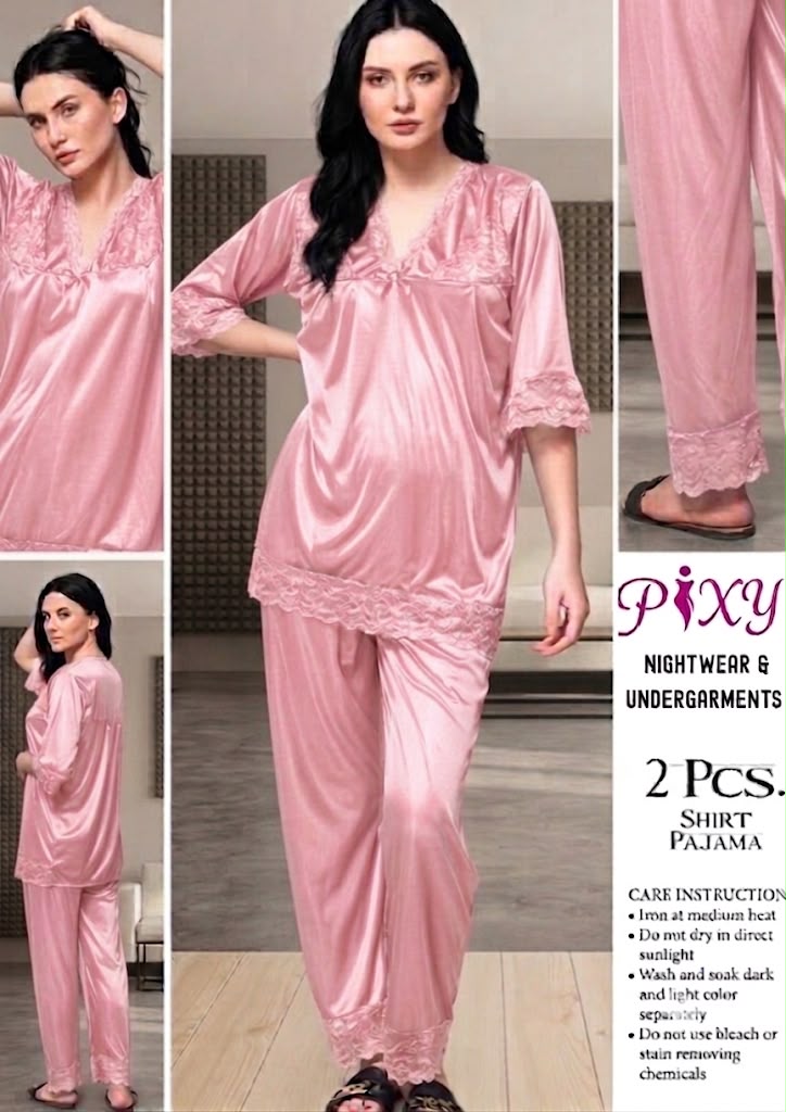 Women's 2-Piece Jersey Silk  Nightwear Set - Lace Trim Shirt & Pajama Pixy Undergarments