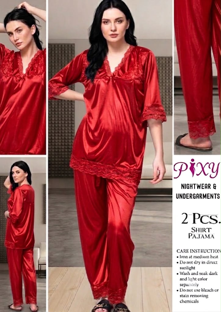 Women's 2-Piece Jersey Silk  Nightwear Set - Lace Trim Shirt & Pajama Pixy Undergarments