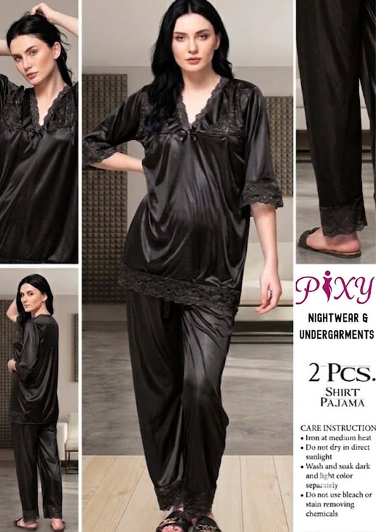 Women's 2-Piece Jersey Silk  Nightwear Set - Lace Trim Shirt & Pajama Pixy Undergarments