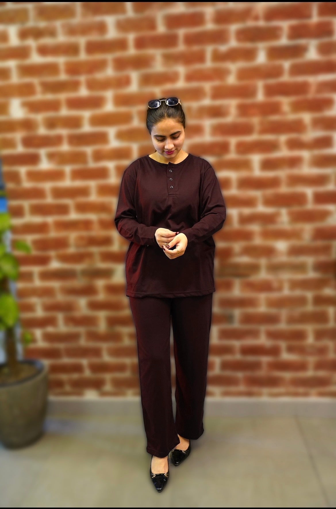 plain v neck button collar style night suit in soft cotton fabric MH FASHION