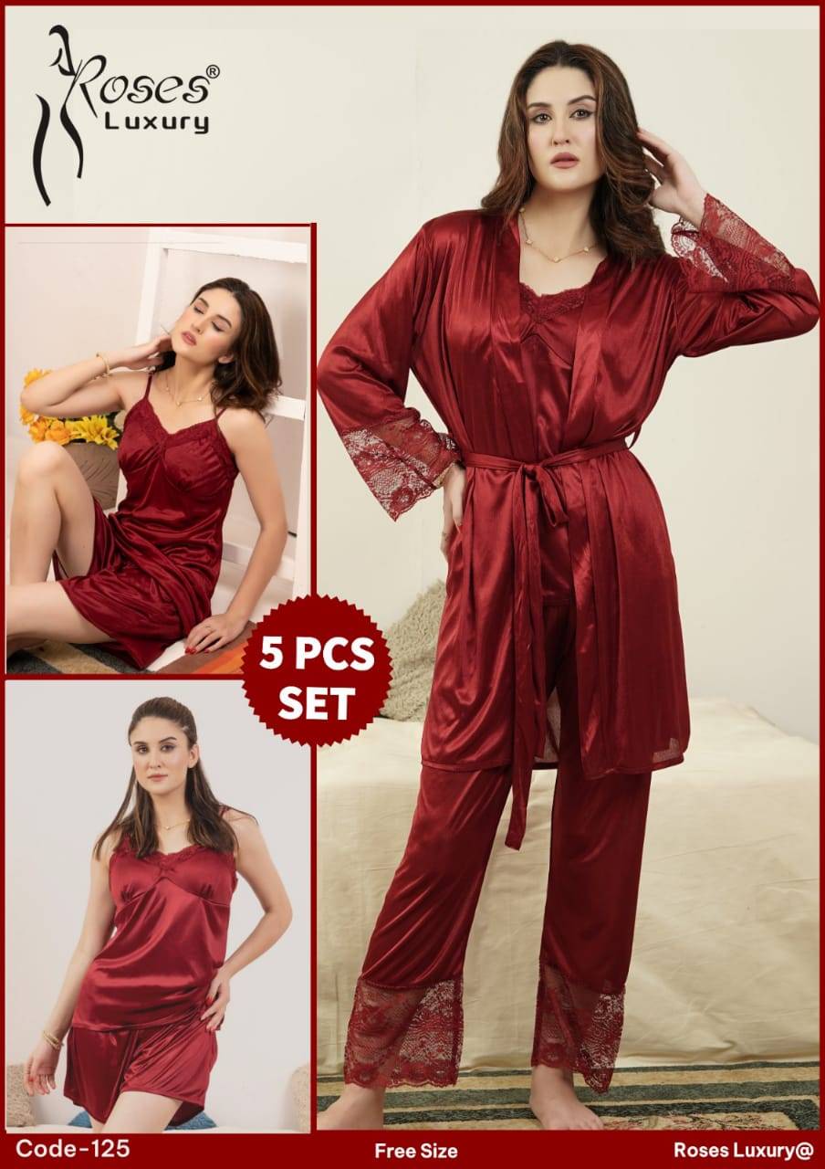 Silk 5pcs Night Suit/Nighty
