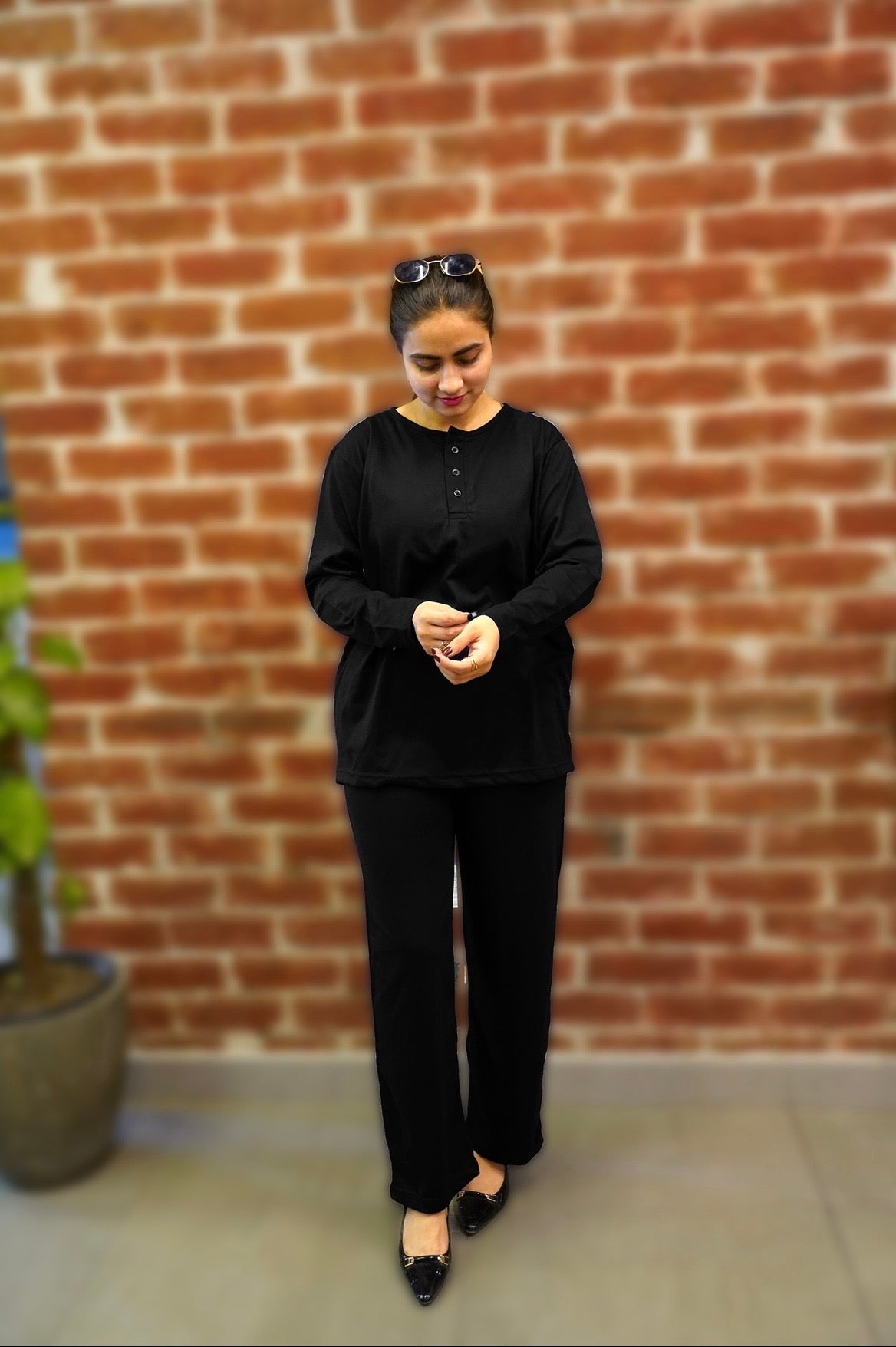 plain v neck button collar style night suit in soft cotton fabric MH FASHION