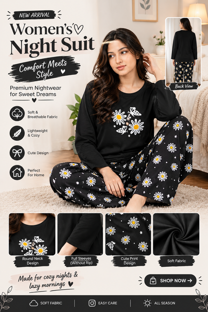 black daisy full sleeves Print Women's Night Suit – Cotton Sleepwear Set MH FASHION