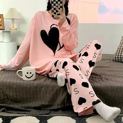 Pink Heart Printed Cotton Jersey Night Suit for Women | Saholat Mall--My Store-My Store