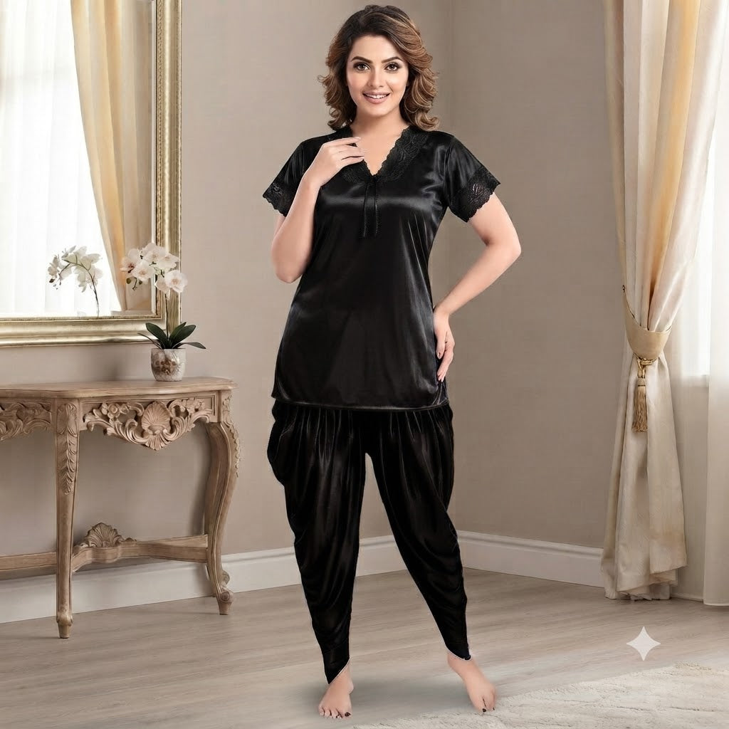 Premium Satin Patiala Night Suit for Women | Free Size 2-Piece Sleepwear Pixy Undergarments