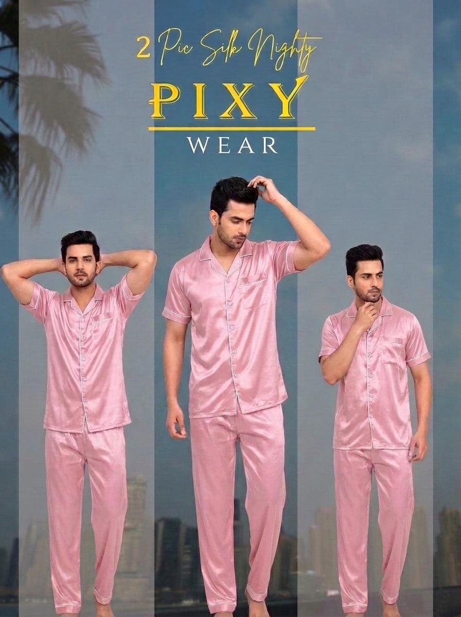Mens 2 Piece Silk Night suite  – Button Down Pajama Set | 5 Colors Available Pixy Undergarments