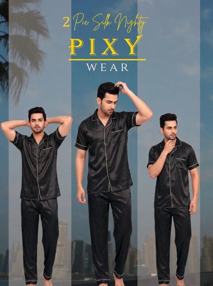 Mens 2 Piece Silk Night suite  – Button Down Pajama Set | 5 Colors Available Pixy Undergarments