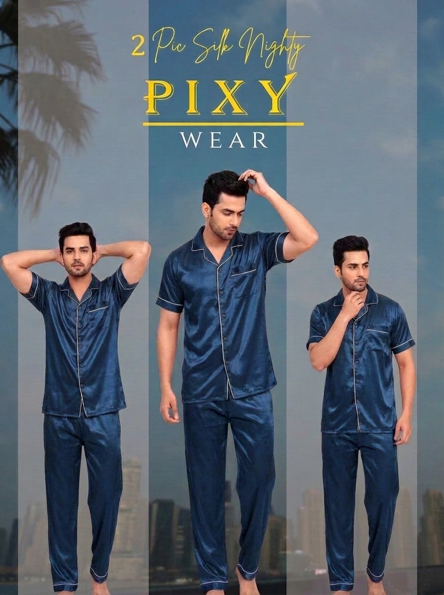Mens 2 Piece Silk Night suite  – Button Down Pajama Set | 5 Colors Available Pixy Undergarments