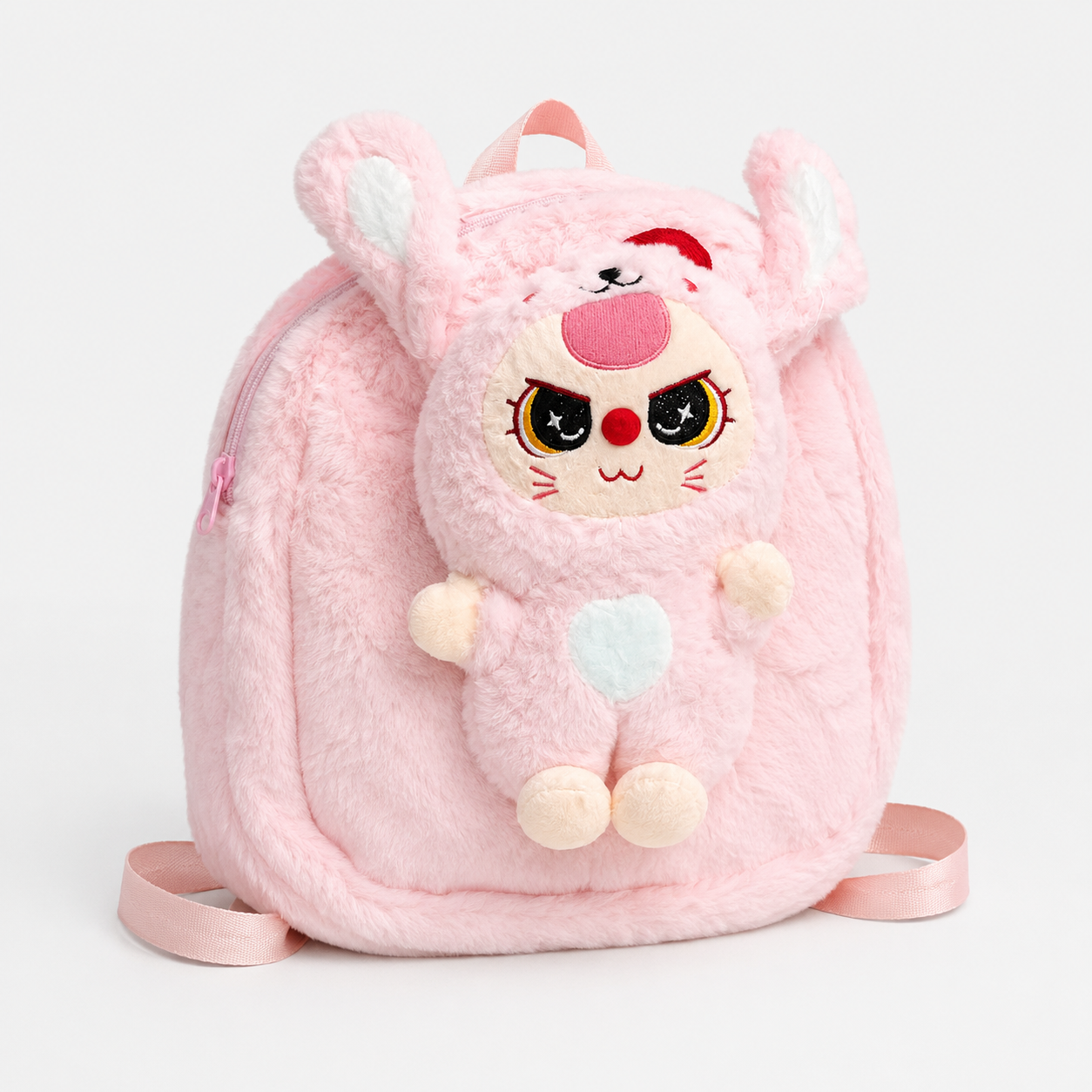 Fluffy kids backpack bag with doll
