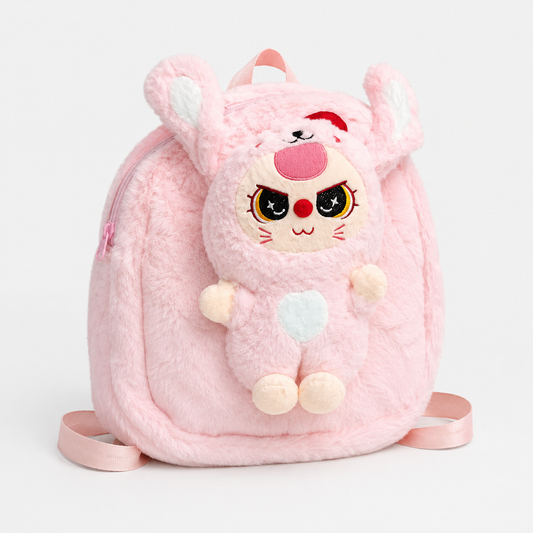 Fluffy kids backpack bag with doll