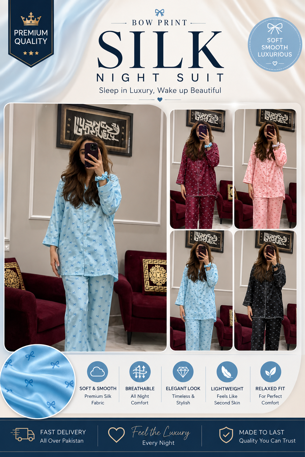 bow printed silk suit in premium fabric for girls and woman MH FASHION
