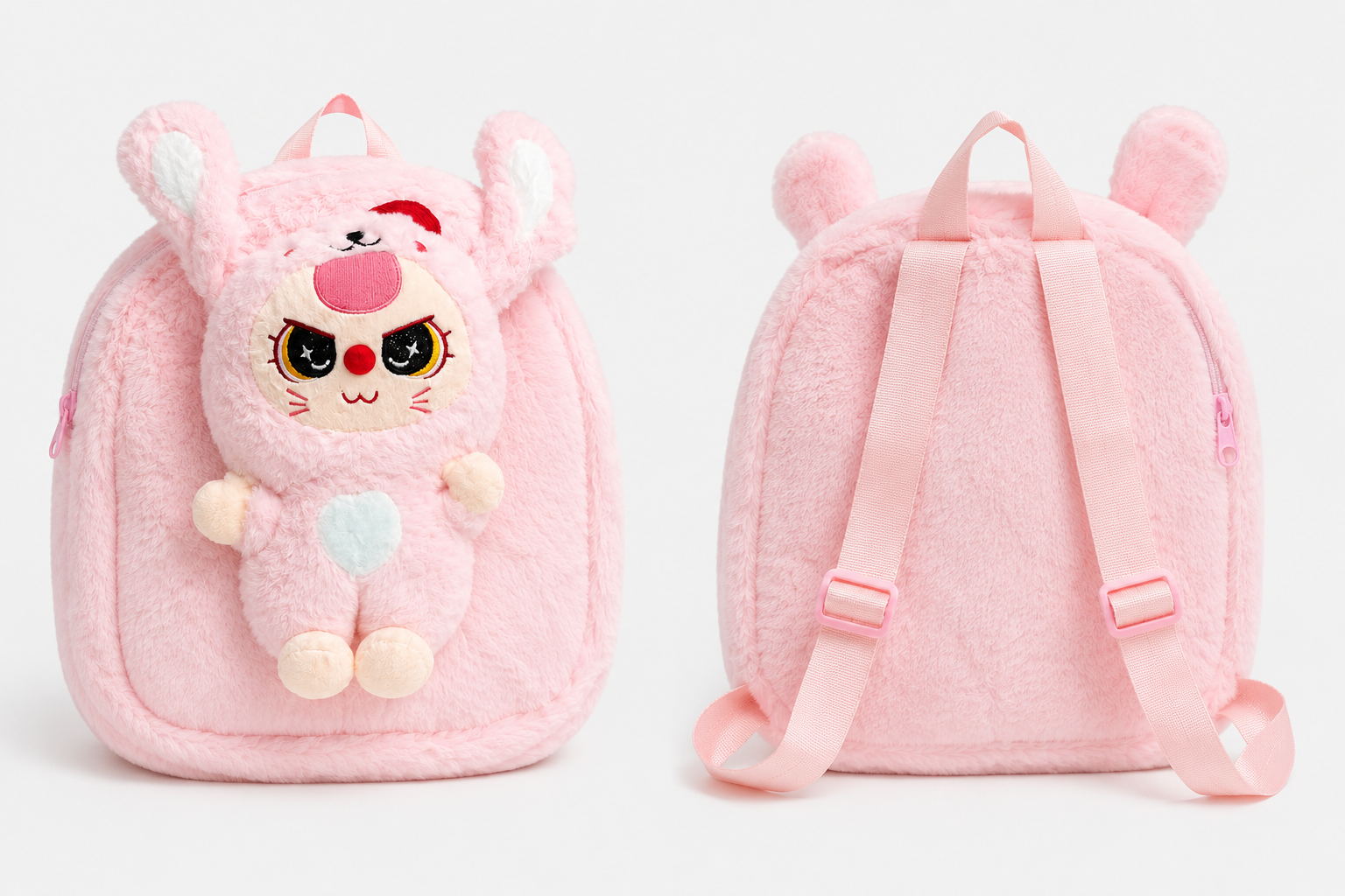 Fluffy kids backpack bag with doll