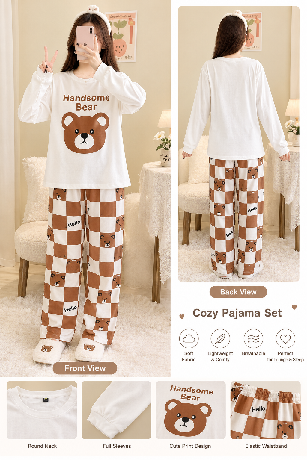 handsome bear full sleeves Print Women's Night Suit – Cotton Sleepwear Set SaholatMall.pk – Women’s Fashion & Lingerie Online in Pakistan