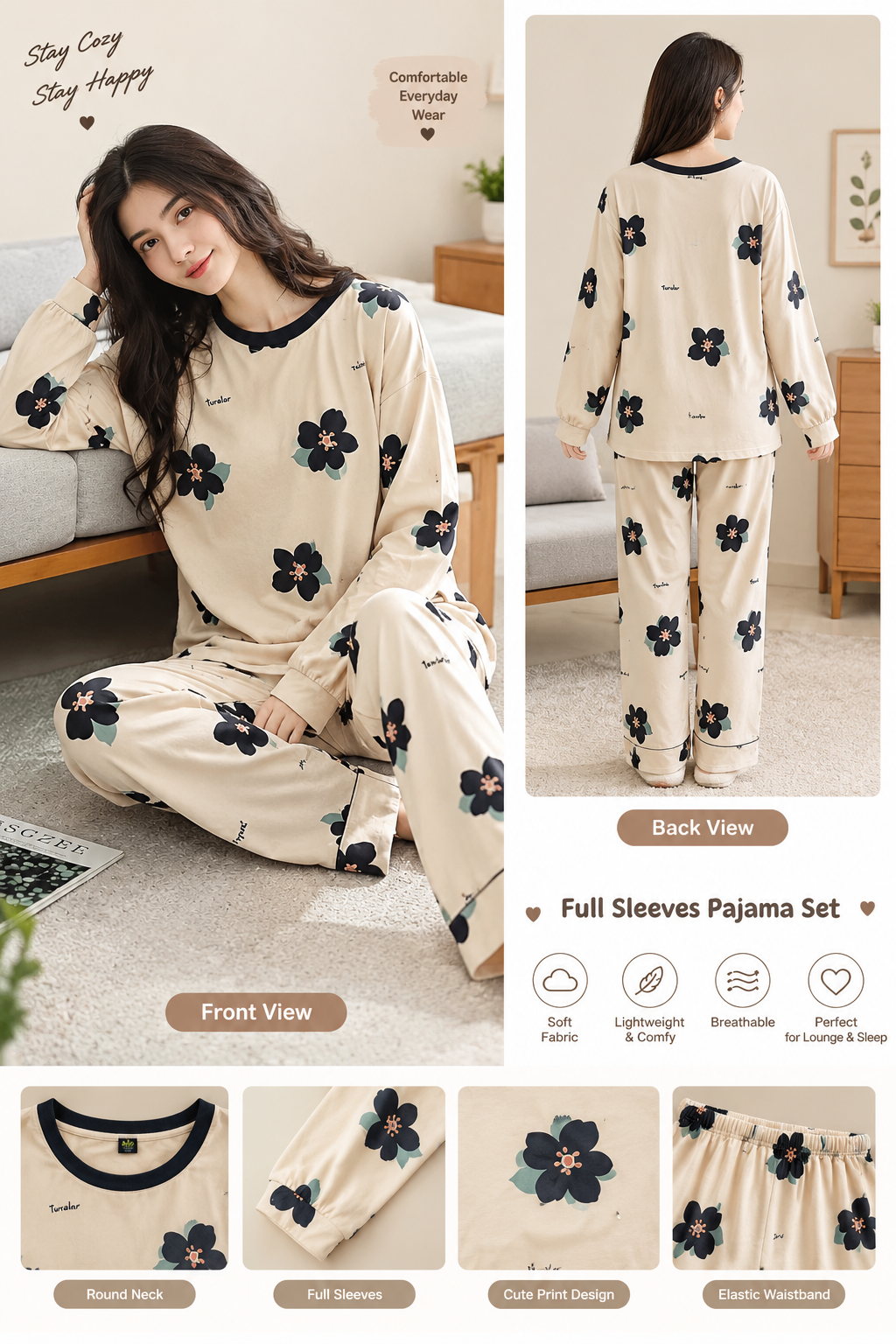 cream flower full sleeves Print Women's Night Suit – Cotton Sleepwear Set SaholatMall.pk – Women’s Fashion & Lingerie Online in Pakistan