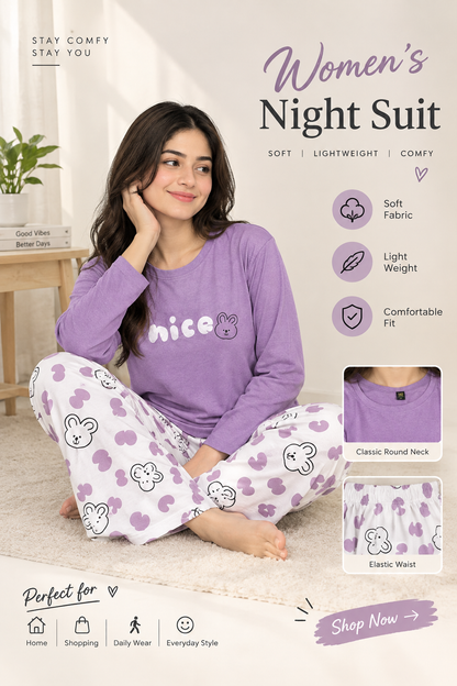 purple nice Print Women's Night Suit – Cotton Sleepwear Set SaholatMall.pk – Women’s Fashion & Lingerie Online in Pakistan