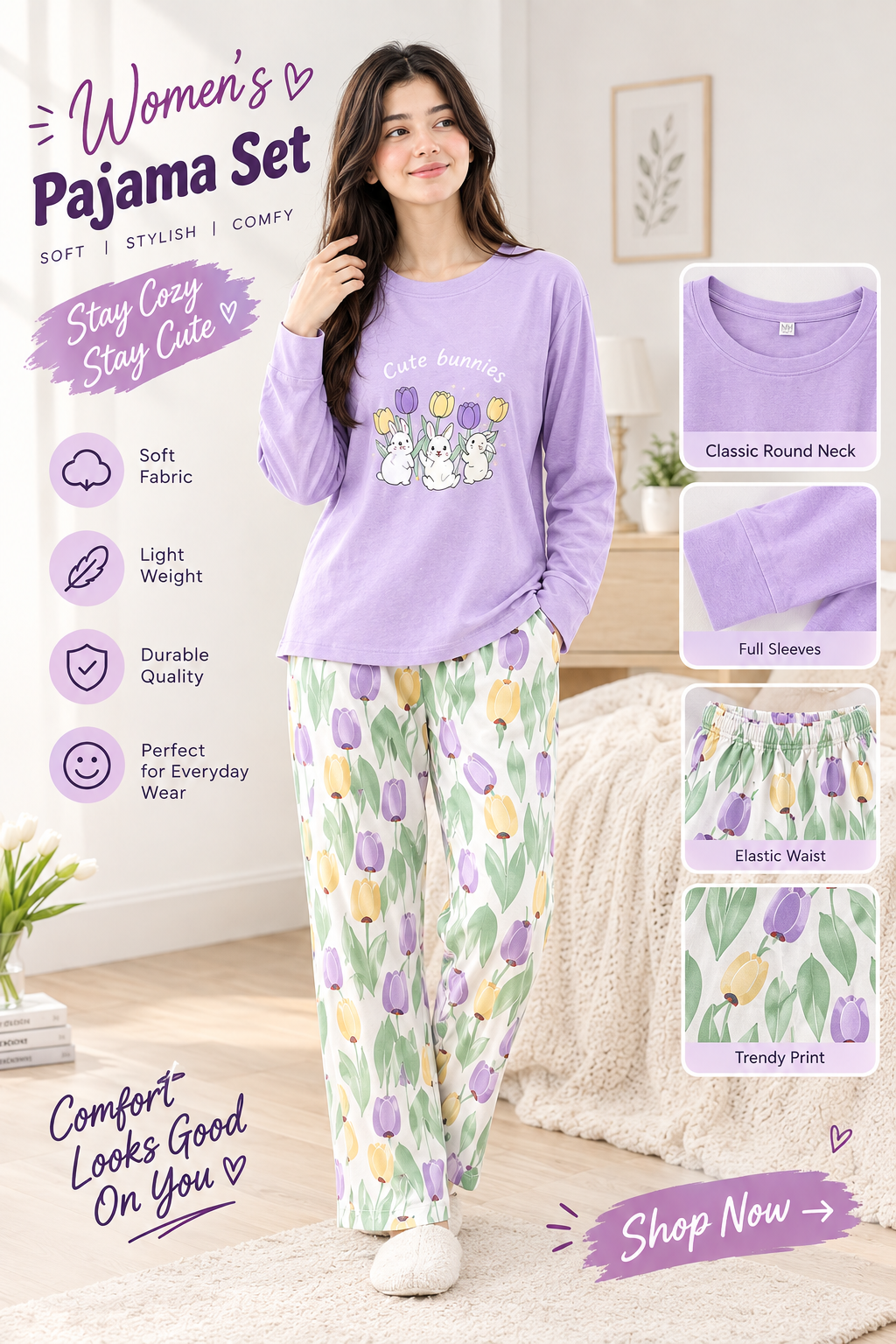 cute bunnies Print Women's Night Suit – Cotton Sleepwear Set SaholatMall.pk – Women’s Fashion & Lingerie Online in Pakistan