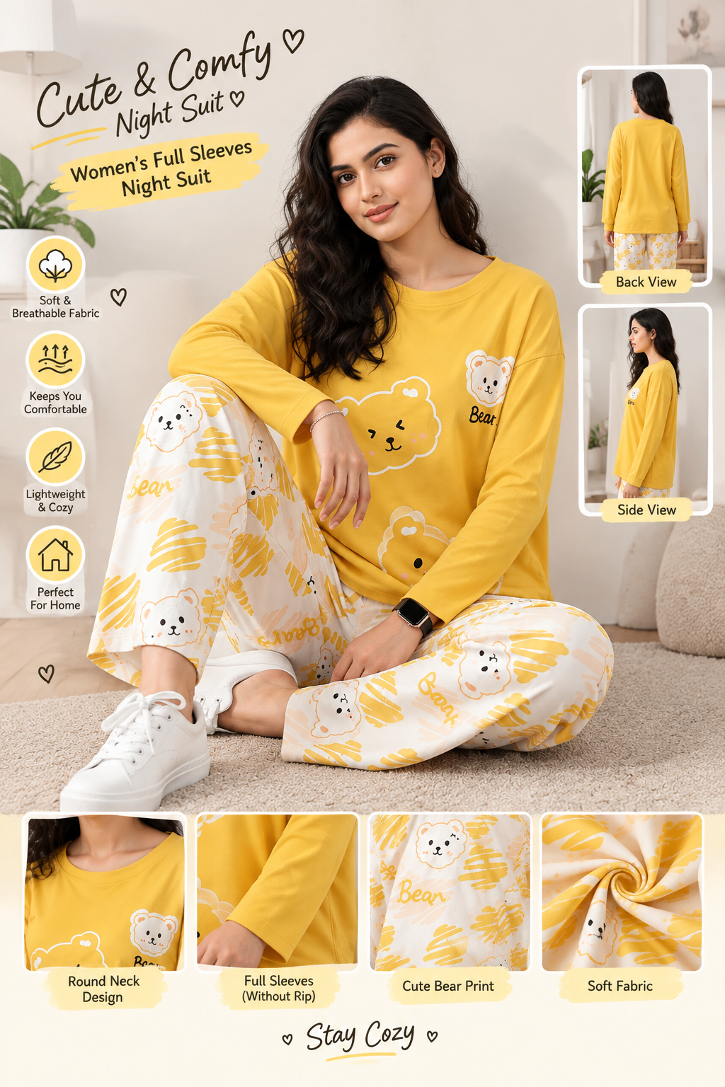 yellow 3 bear full sleeves Print Women's Night Suit – Cotton Sleepwear Set MH FASHION