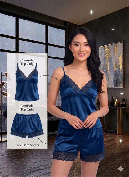 Luxury Satin 2-Piece Nightwear Set – Lace-Trimmed Camisole & Matching Shorts--My Store-My Store
