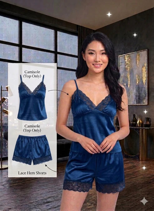Luxury Satin 2-Piece Nightwear Set – Lace-Trimmed Camisole & Matching Shorts--My Store-My Store