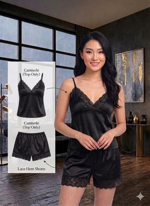 Luxury Satin 2-Piece Nightwear Set – Lace-Trimmed Camisole & Matching Shorts--My Store-My Store