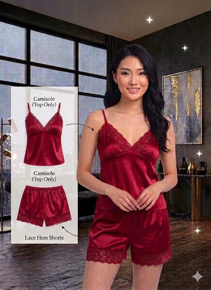 Luxury Satin 2-Piece Nightwear Set – Lace-Trimmed Camisole & Matching Shorts--My Store-My Store