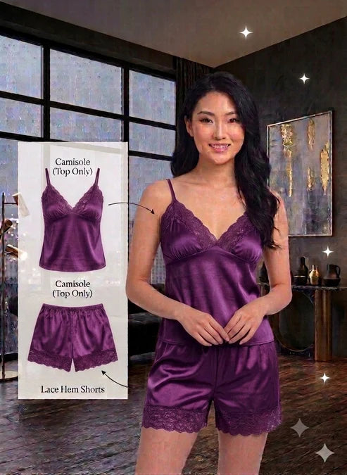 Luxury Satin 2-Piece Nightwear Set – Lace-Trimmed Camisole & Matching Shorts--My Store-Size:Free Size (32 ~ 40 )-Color:Purple-My Store