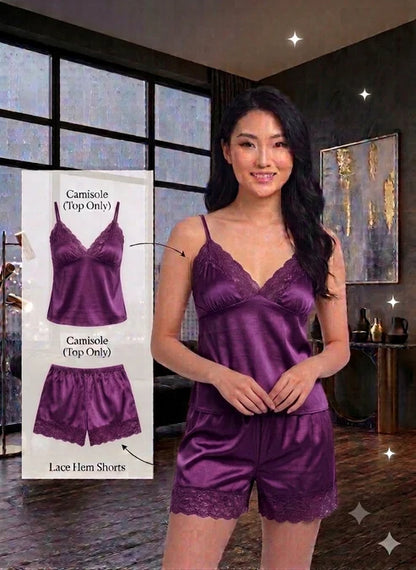 Luxury Satin 2-Piece Nightwear Set – Lace-Trimmed Camisole & Matching Shorts--My Store-Size:Free Size (32 ~ 40 )-Color:Purple-My Store