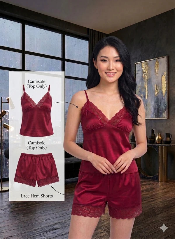 Luxury Satin 2-Piece Nightwear Set – Lace-Trimmed Camisole & Matching Shorts--My Store-My Store