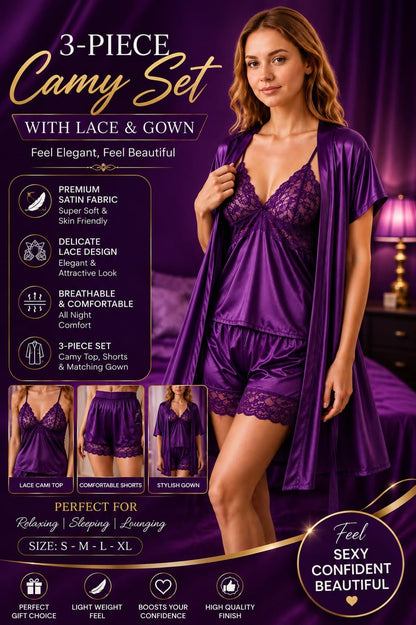 ✨ Premium 3 PCs Jersey Silk Nightwear Set ✨--My Store-Pixy