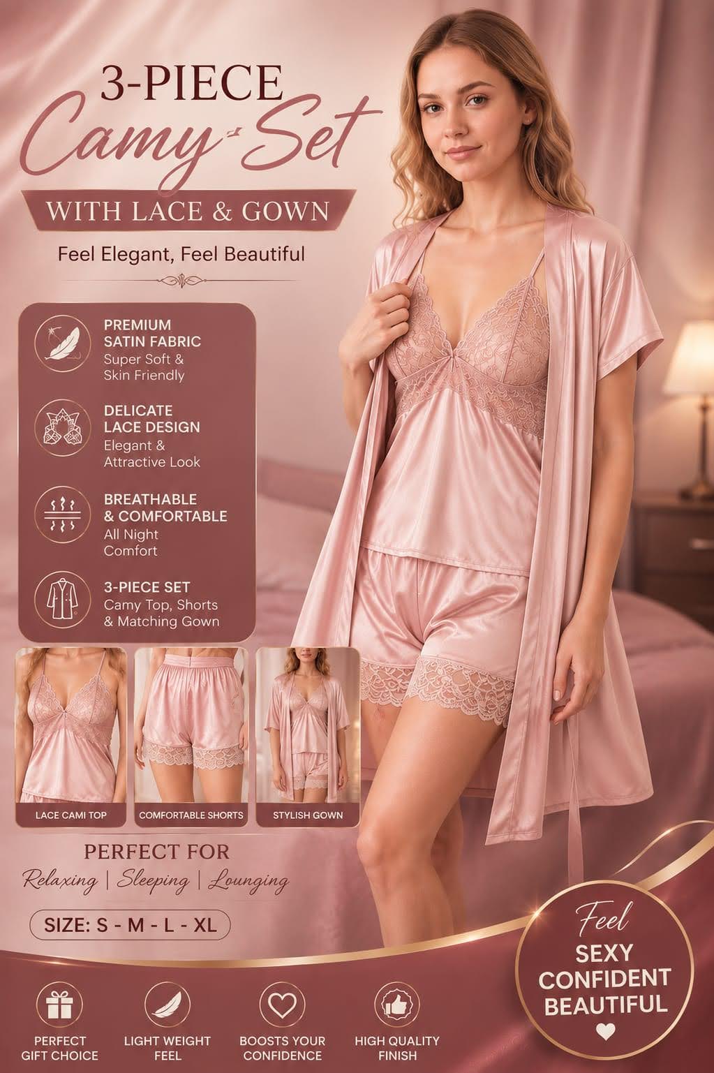 ✨ Premium 3 PCs Jersey Silk Nightwear Set ✨--My Store-Pixy