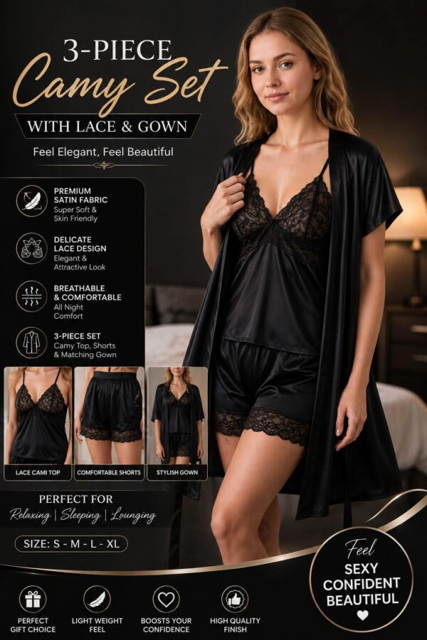 ✨ Premium 3 PCs Jersey Silk Nightwear Set ✨--My Store-Pixy