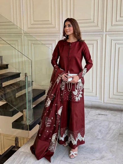 Wedding Arrival - Heavy Sequence Border and Sleeves Embroidery with Embroidered Flapper and Embroidered Dupatta 3PCs--My Store-My Store