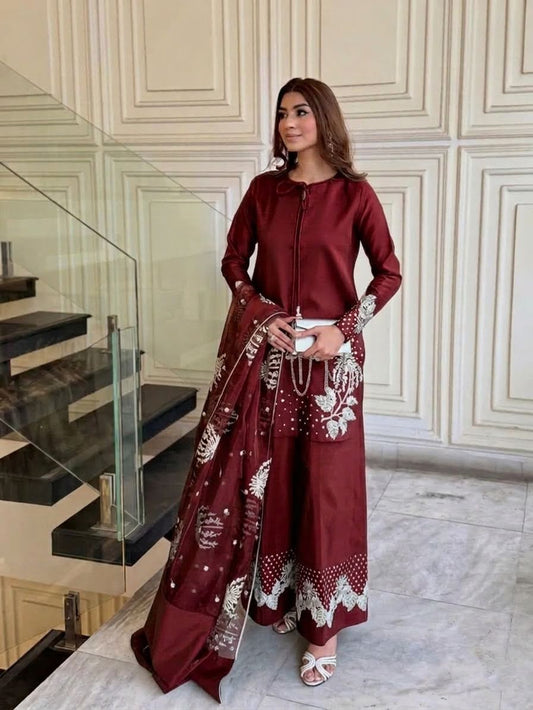 Wedding Arrival - Heavy Sequence Border and Sleeves Embroidery with Embroidered Flapper and Embroidered Dupatta 3PCs--My Store-My Store