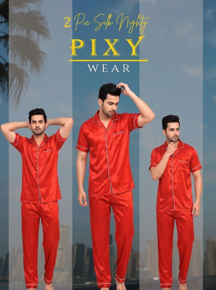 Mens 2 Piece Silk Night suite  – Button Down Pajama Set | 5 Colors Available Pixy Undergarments