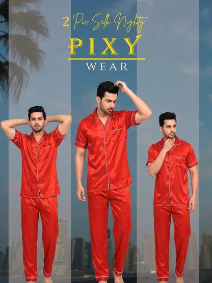 Mens 2 Piece Silk Night suite  – Button Down Pajama Set | 5 Colors Available Pixy Undergarments