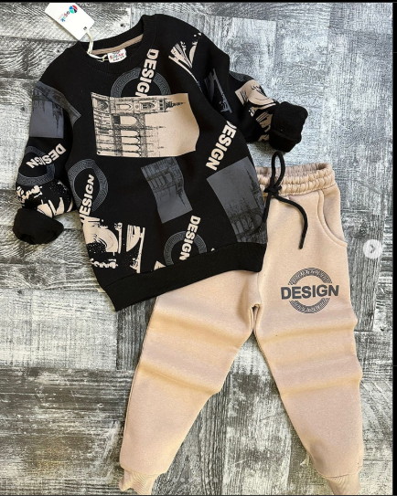 black cream design printed style kids suit for winter