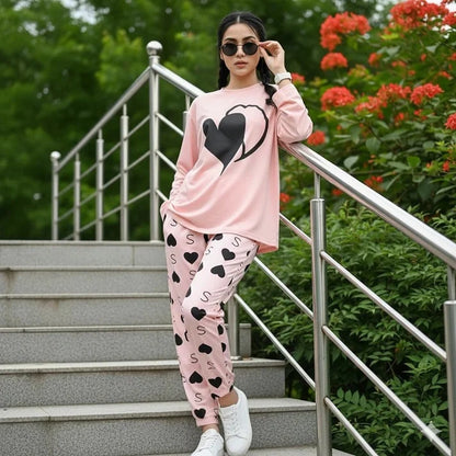 Pink Heart Printed Cotton Jersey Night Suit for Women | Saholat Mall--My Store-My Store