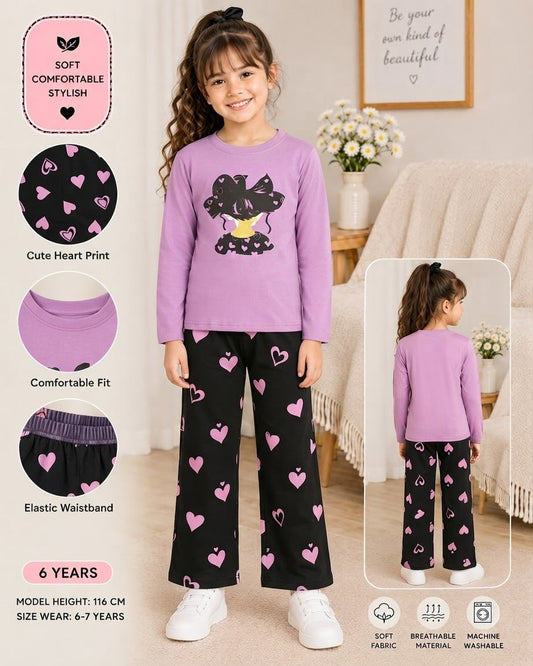 Purple Heart Printed Kids Night Suits for Girls